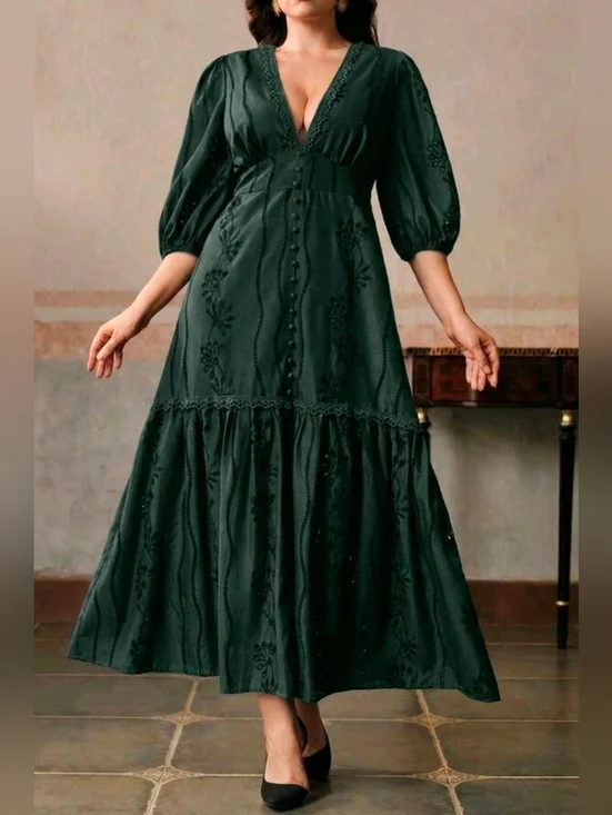 New Cottage Embroidered Eyelet Lace Button Trim Long Dress PLUS Dark Green - Picture 3 of 9